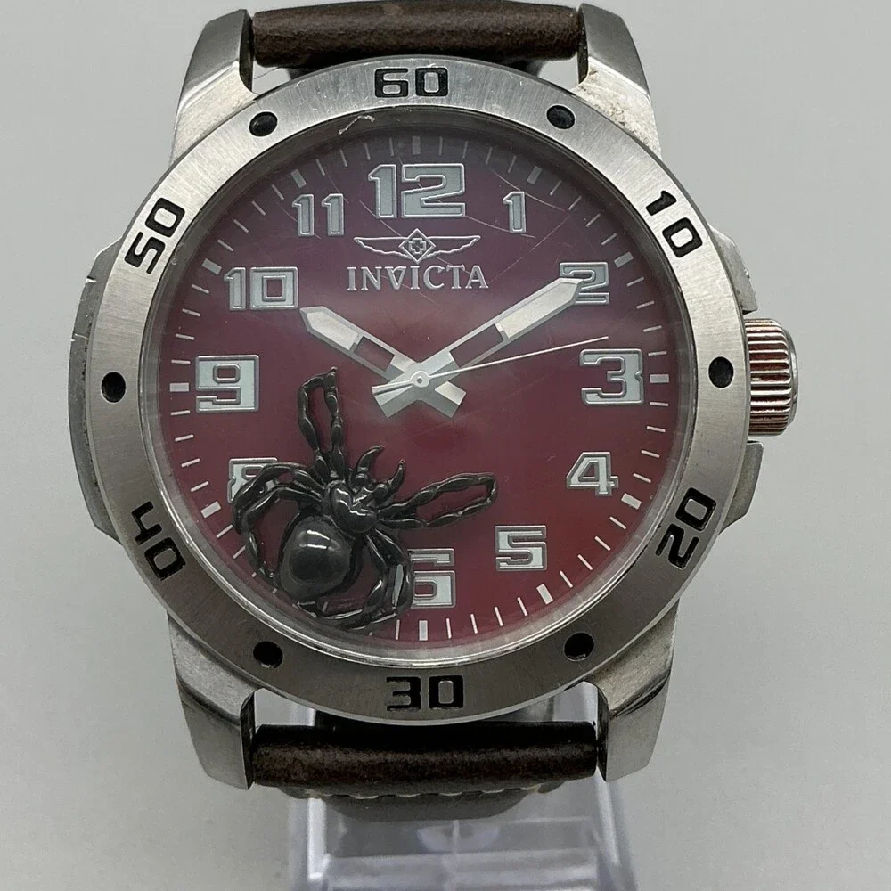 Invicta 1172 Tritnite Mens Watch 49mm Red Dial Brown Leather Spider New Battery